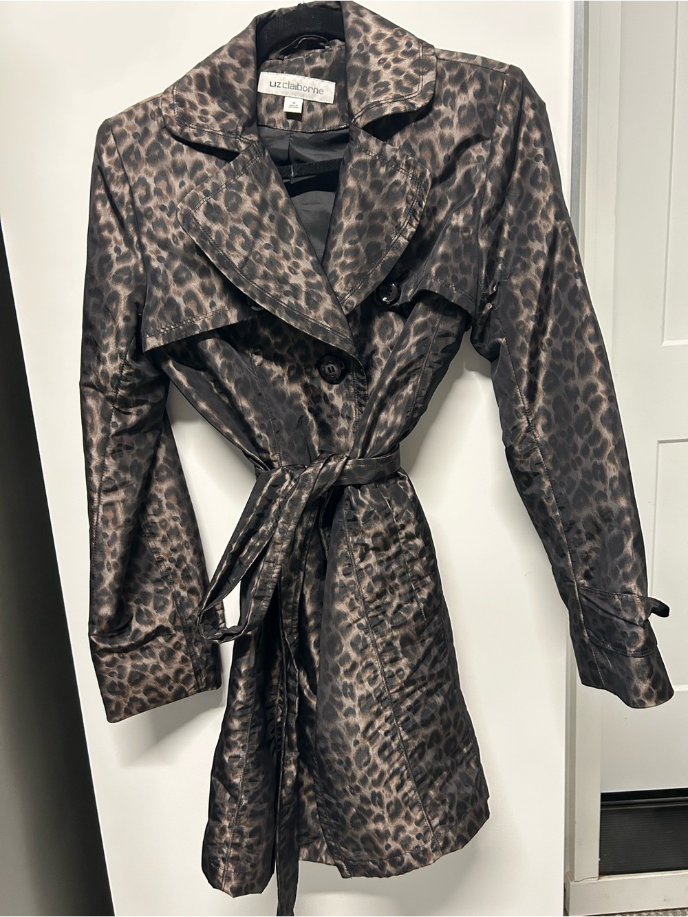 Liz Claiborne Brown and Black Leopard Print Trench Rain Coat S